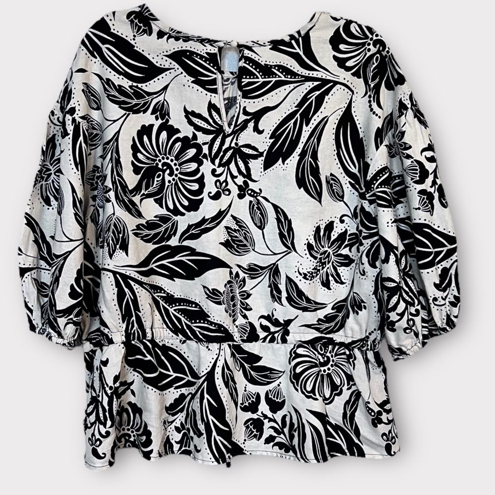 Who What Wear Batik Black Floral Short Balloon Sleeve Linen Blouse Top Size XL